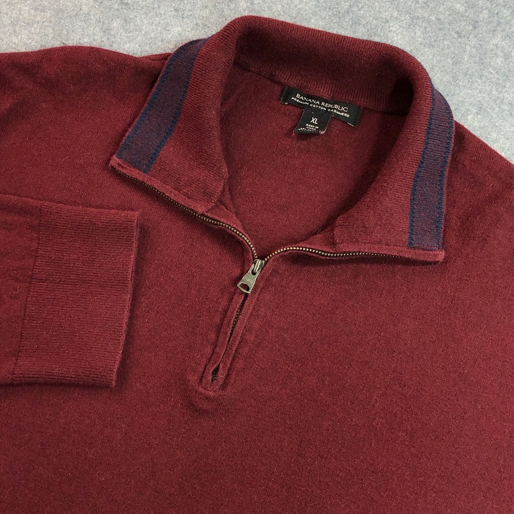 Banana Republic Mens Sweater XL (L) Burgundy Quarter Zip Cotton Cashmere Blend